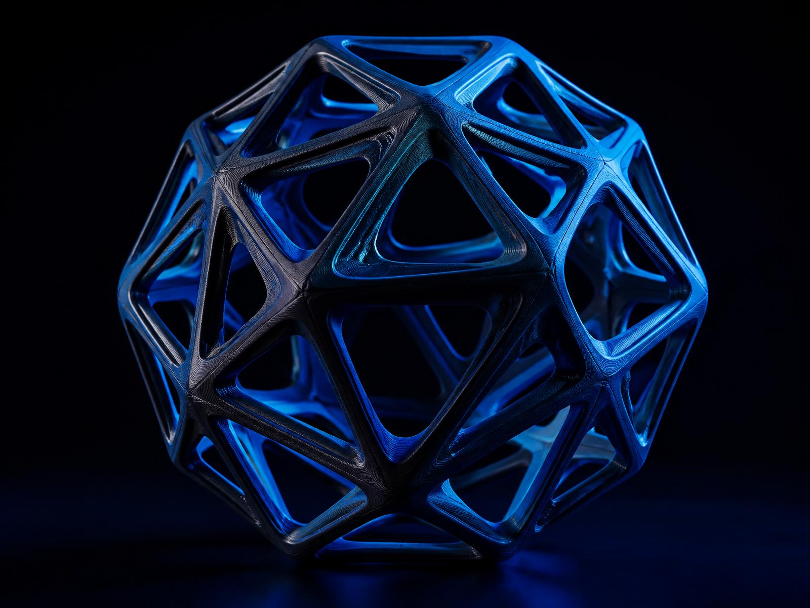 Sculptural 3D printed object lit in blue